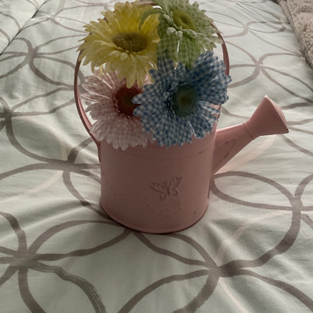 Pink Pottery Barn Watering Can with Gingham Multicolor Flowers